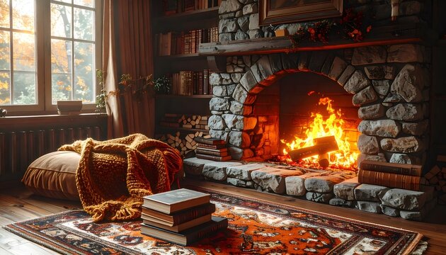 Cozy living room with burning fireplace and books