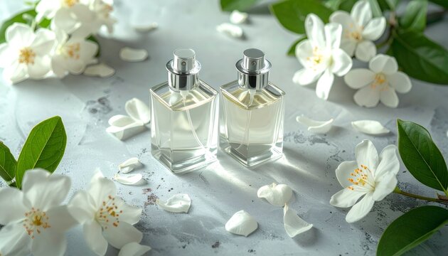 Scent stacking concept with jasmine perfume bottles