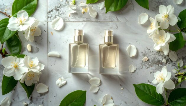 Jasmine fragrance layering concept with two perfume bottles