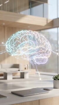 Glowing digital brain above laptop