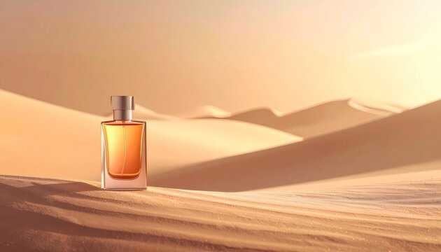 Perfume bottle standing on desert sand dunes at golden hour