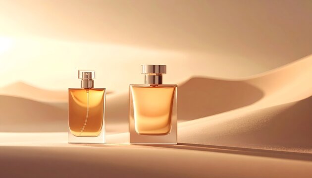 Scent stacking layering perfumes bottles in desert landscape