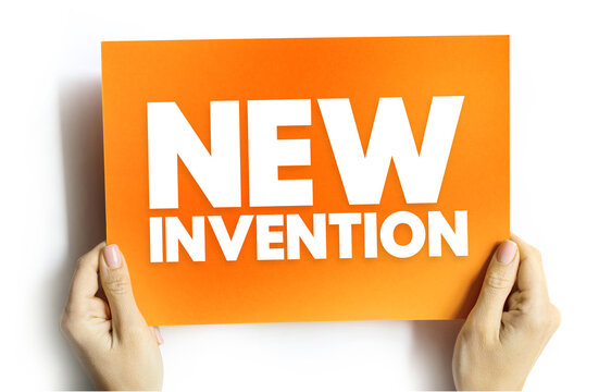 NEW INVENTION text on card held by hands. Innovation, creativity, science, and progress concept. Symbol of research, development, and breakthrough ideas