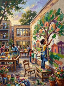 Community art project with children and adults painting a mural promoting education