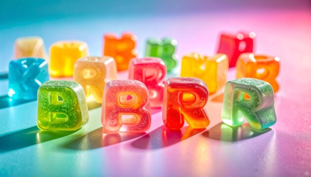 Gummy candy letters spelling out brr on a multicolored surface