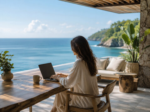 Woman Working Remotely from a Luxury Seaside Villa