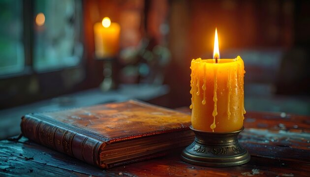 Burning candle illuminating vintage book on wooden table