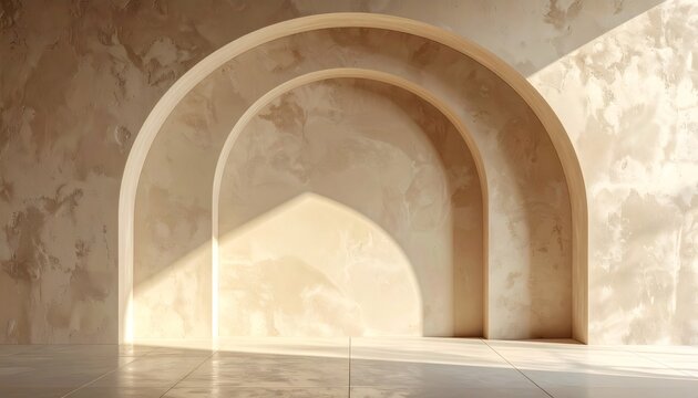Neo deco interior with arches and plaster wall receiving sunlight