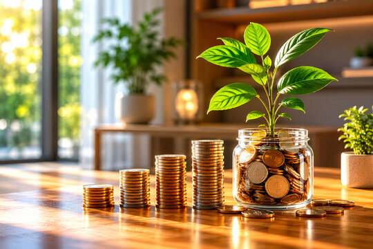 Growing Savings with Coins and Green Plant in Sunlit Home