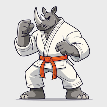 Karate Rhino Mascot in Martial Arts Fighting Stance