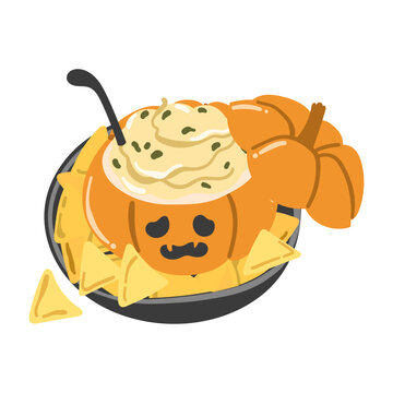 Spooky halloween pumpkin bowl with cheese dip and nachos tortilla chips