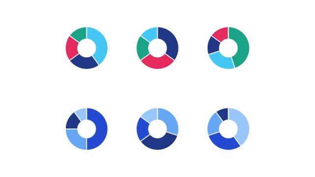 Animated donut chart set with 6 colorful infographic elements, motion graphics of circular data visualization icons, flat design business statistics