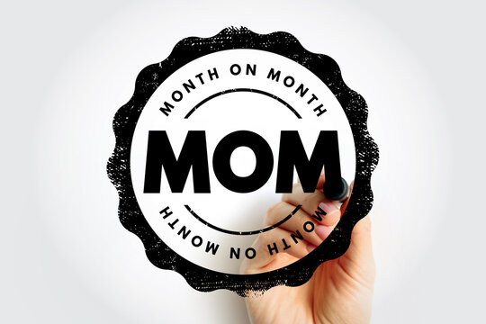 MOM Month On Month stamp, strong MOM text centered within circular emblem repeating Month On Month, symbolizing comparison metrics, performance progression, and monthly analytical evaluation