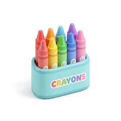 Fototapeta premium Colorful rainbow wax crayons in blue plastic holder 3D illustration isolated on white background