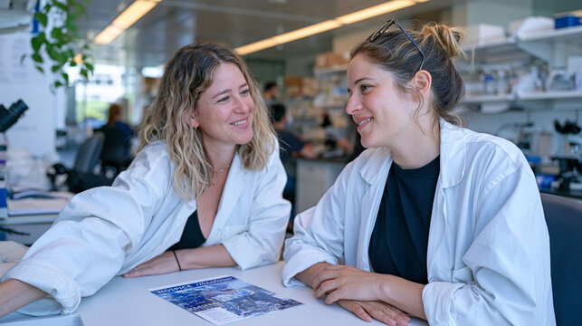 A pathology laboratory with warm overhead lighting stretches wide in an establishing shot, an end-of-life doula speaking softly to a pathology technician near specimen storage, a hospice brochure pl