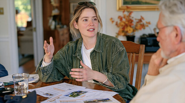 A railroad maintenance engineer in a high ceiling luxury townhouse dining room, surrounded by entrepreneur pitch materials spread across an antique table, elderly mentor across from her offering adv