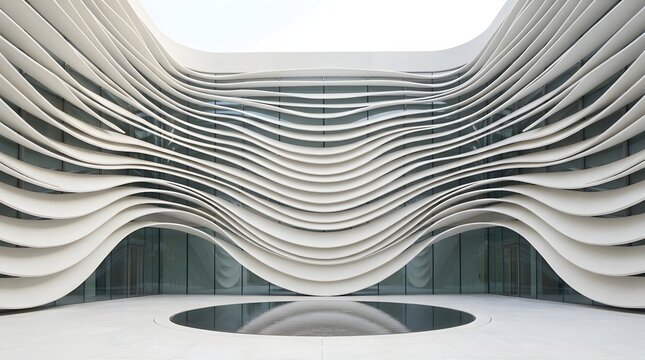 Modern architectural facade with curved layered concrete walls and a reflective pool in a minimalist urban setting