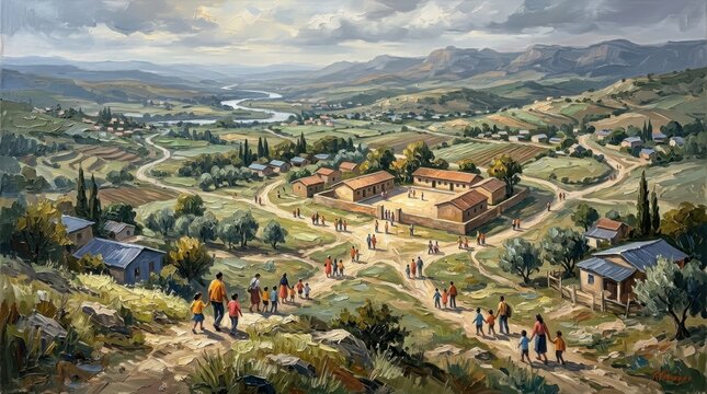 Landscape of a safe learning community with school and winding roads in rural area