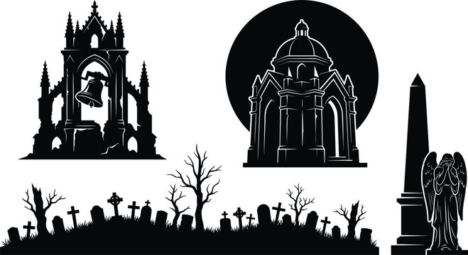 Gothic cemetery silhouette vector elements set with spooky graveyard tombstone church bell tower mausoleum and angel monument