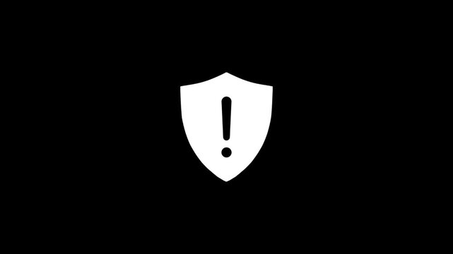 Animated White Shield Warning Icon with Exclamation Mark Loop on Black Background