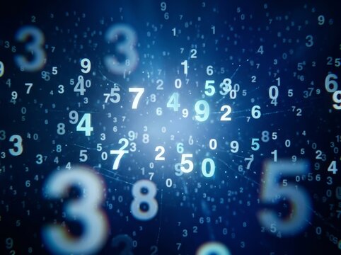 Abstract scene of floating, glowing numbers in blue space, conveying digital energy.