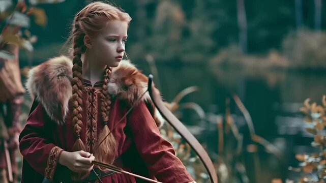 A vivid portrayal of a young woman archer in a forest. She wears a richly patterned red cloak with intricate gold embroidery and a fur collar. Her hair is styled in a braided updo, and she wields a.