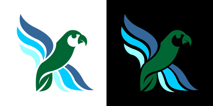 Stylized green and blue parrot logo vector design set with two background variations