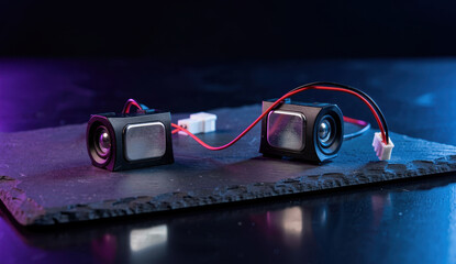 Fototapeta premium Two small micro speakers with wires on a slate stone background
