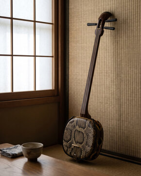 Traditional Japanese Shamisen Leaning Against Tatami Wall