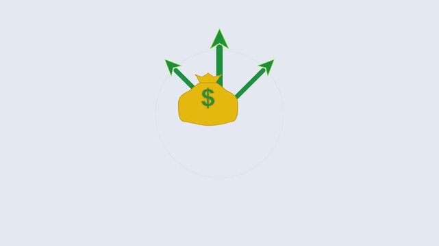 Animated Flat Design Concept of Financial Diversification: Money Bag with Expanding Green Arrows