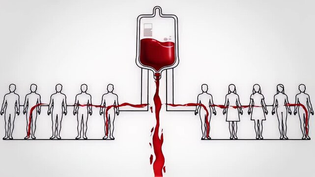Animation of blood collection from donors into a bag, symbolizing donation and transfusion