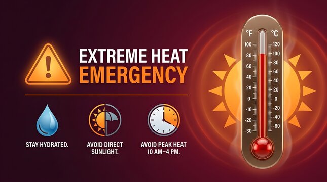 Extreme heat emergency warning with safety tips