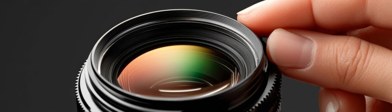 Close up of human hand adjusting the focus ring on professional photography camera lens against dark background