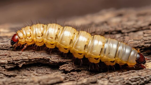 High-resolution of an insect's pupa resting on a rough log surface.