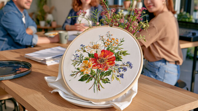 Embroidery hoop holding half finished floral needlework resting on a foley artist sound effects prop table in early morning mist studio, a diverse team of textile and audio professionals collaborati