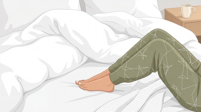 Cozy morning lifestyle illustration, woman legs in green pajamas on white bed, relaxed home aesthetic, minimalist bedroom scene