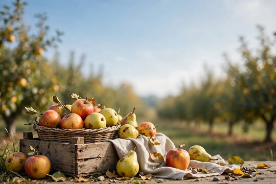 Fruit Orchard for September Harvest & Agriculture Seasonal Design, Premium Commercial Stock Image, Realistic Texture, Clean Background, Copy Space for Advertising, Website, Social Media and Marketing