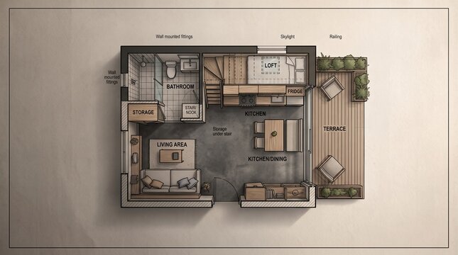 Modern small apartment architectural floor plan blueprint layout top view