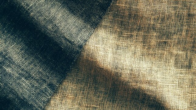 Abstract backdrop featuring contrasting layers of dark navy and tan burlap fabric texture