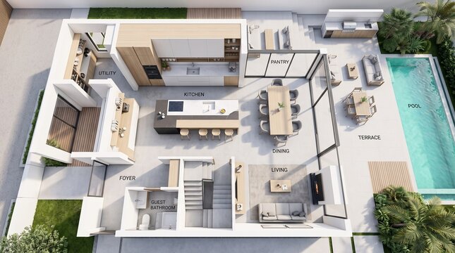 Modern architectural floor plan of luxury house with pool and terrace