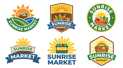 Naklejka premium A collection of six colorful logos representing 'Sunrise Market,' perfect for fresh produce or organic products, emphasizing a natural, refreshing, and community-centered approach.