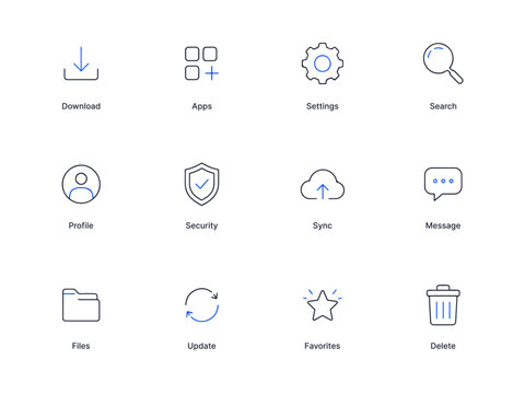 Set of 12 Simple Line Art Icons Including Download Settings Profile Security Search and More for UI Design