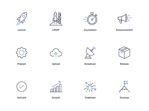 Business project progress icons showing launch, growth, and success