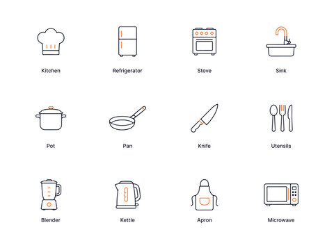 Kitchen icons set with cooking tools and appliances