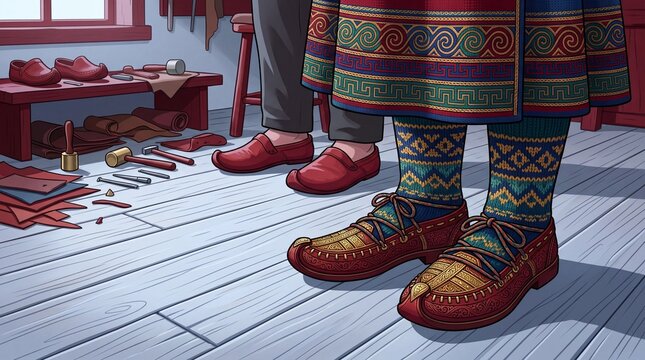 Traditional folk footwear and patterned textiles, handcrafted leather shoes in a rustic workshop, ethnic embroidery and artisan tools