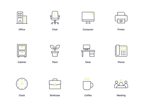 Office Icons Set Modern Business Workspace Elements Minimalist Collection