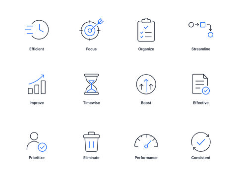 Business Icons Set Productivity Efficiency Improvement Workflow Optimization