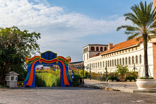 Entrance arch to Sunset Bazaar in Sunset Town Mediterranean-style tourist district in morning light