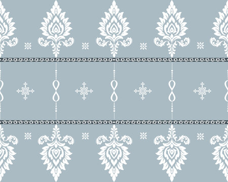 Ornate damask pattern in soft blue and white creates an elegant vintage floral backdrop for wallpaper and textiles, ideal for classic interiors and decorative projects.