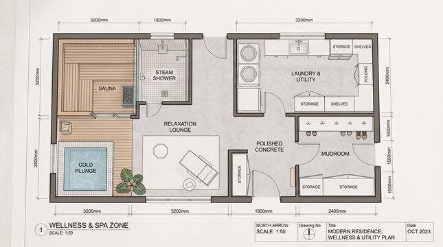 Modern residential floor plan with wellness spa zone and utility room